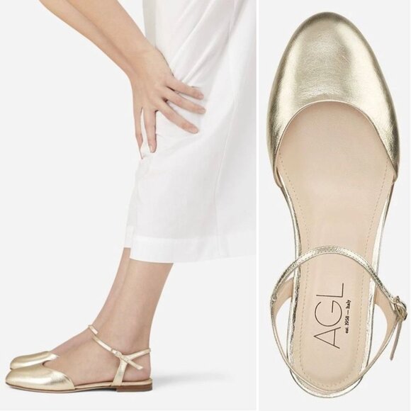 AGL Milly Ankle Strap Slingback Ballet Flats 37 7 Platino Gold Leather NEW $395 - Picture 1 of 14